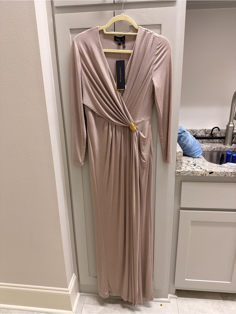 Donna Karan Dusty Blush Wrap-Front Long Sleeve Maxi Dress